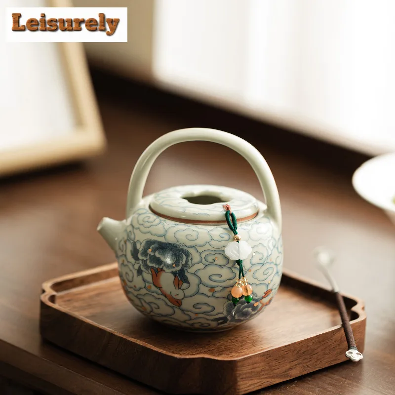 203ml Cloud Rabbit Ru Kiln Porcelain Lifting Beam Teapot Ancient Tea Infuser Pot Tea Maker Kettle With Ball Hole Teaset Ornament