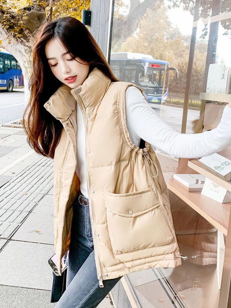 

Autumn Winter Loose Vest Women White Duck Down Padded Puffer Solid Sleeveless Jacket Female Casual Stand Collar Warm Vest T236