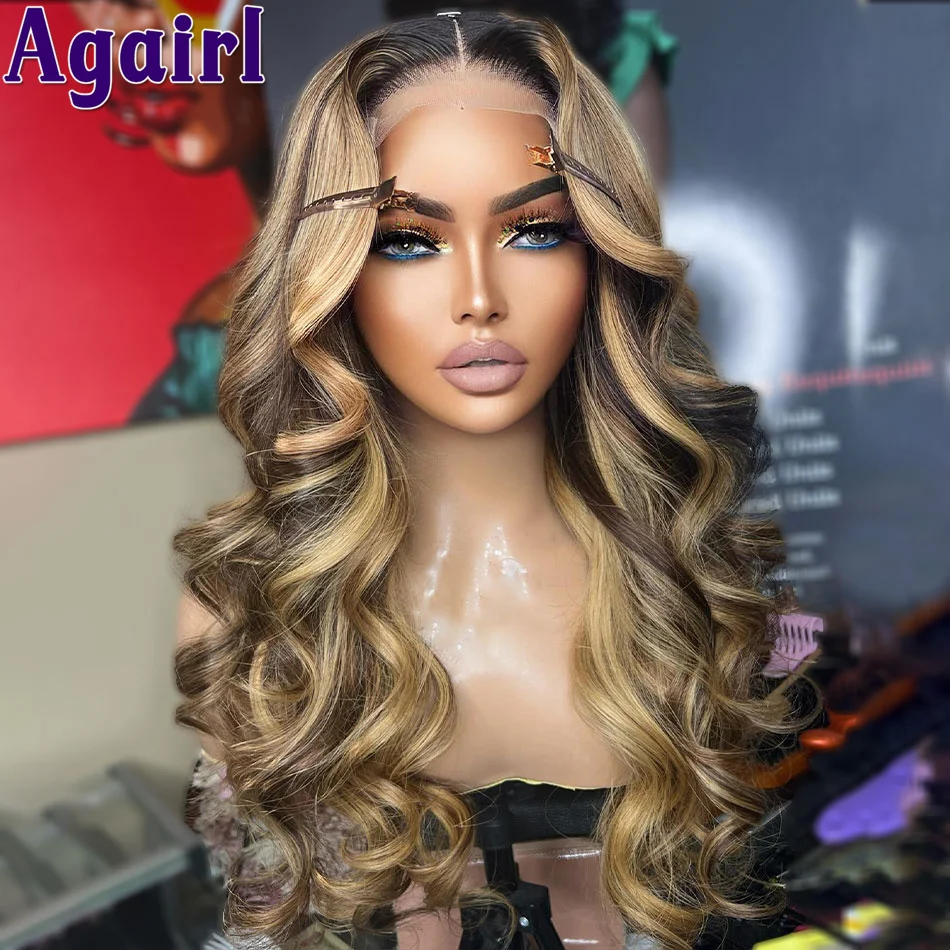

Highlight Glueless 13X4 Body Wave Human Hair Wigs Honey Blonde Brown Transparent 13X6 Lace Front Wig PrePlucked 6X4 Closure Wig
