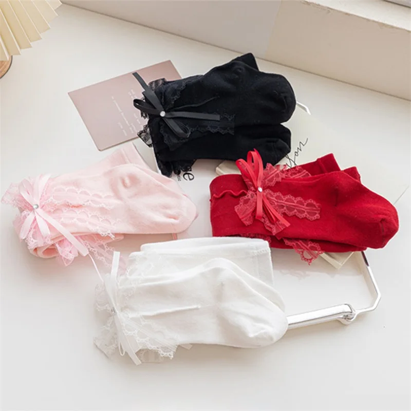 Toddler Kids Girls Stockings Cute Rhinestone Double Bowknot Lolita Princess Dance Ballet Tights High Waisted Footed Pantyhose
