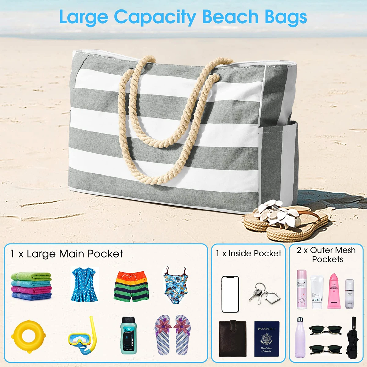Reisetasche aus Segeltuch, gestreifte Außentasche mit Reißverschluss für Outdoor-Reisen, Urlaubsgepäck, wasserdichte Tasche mit Segeltuchgriff, praktisch zusammenklappbare Strandtasche-ll_voghion.com