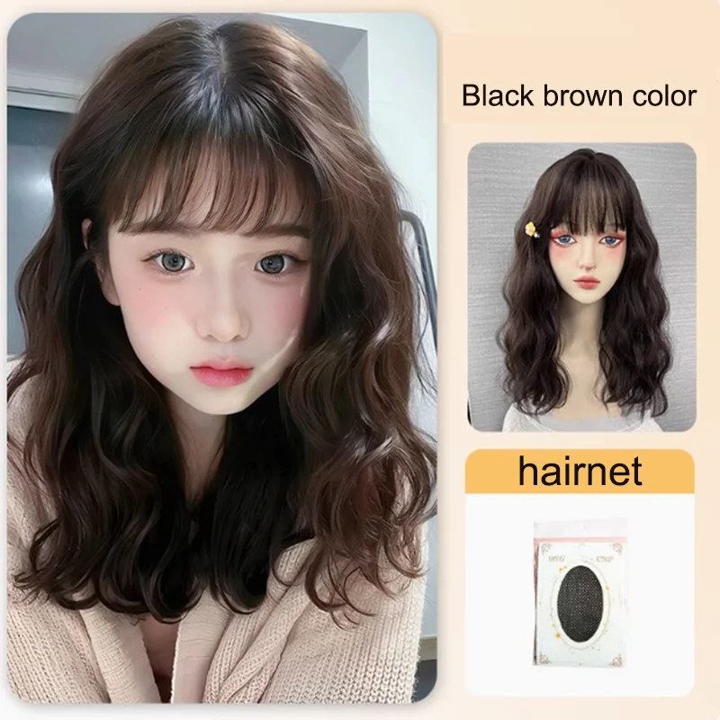 DOLLARUP Popular Cold Brown Ash Long Deep Wave Hair Lolita Wigs With Bangs Synthetic Wig For Women Fashion Thick Curls Wigs Girl