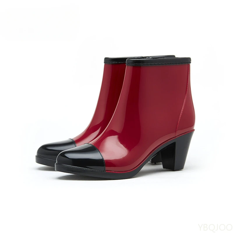 Ladies Chunky Heels Rubber Shoes Luxury Designer Rain Boots Women Waterproof Pvc Ankle Garden Work Boot Rainshoes Footwear