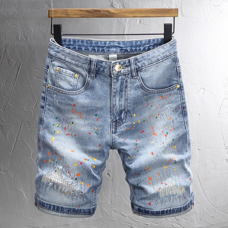 Summer Fashion Men Jeans Retro Blue Stretch Slim Fit Vintage Ripped Short Jeans Homme Painted Designer Hip Hop Denim Shorts Men