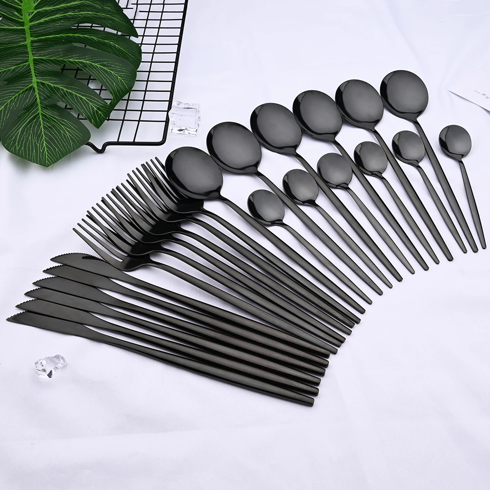 

24Pcs Black Handle Golden Cutlery Set Stainless Steel Knife Fork Knife Spoon Tableware Set Flatware Festival Kitchen Dinnerware