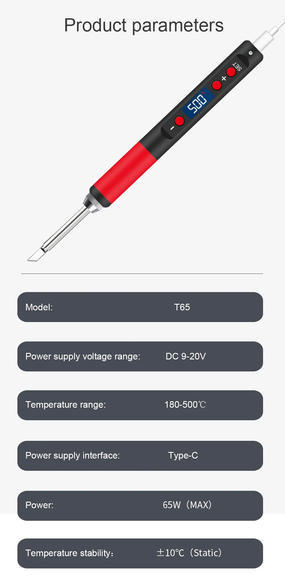 T65 Portable Soldering Iron 9-20V 65W 180-500°Adjustable Temperature DIY weld Re