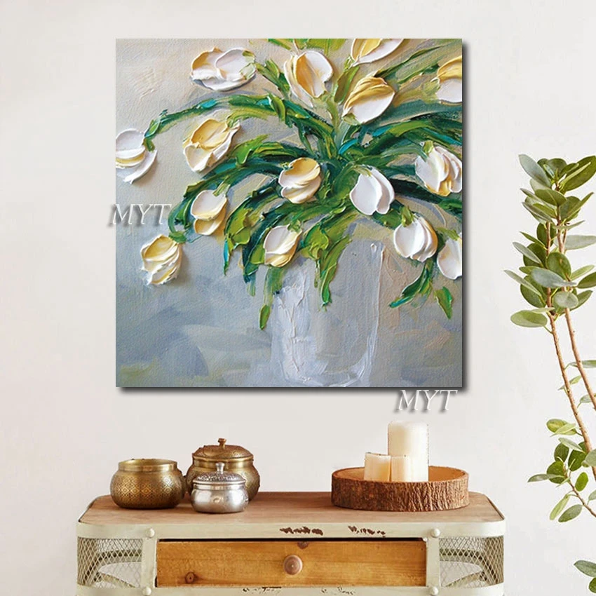 

Modern Fine Art Canvas Wall Knife Picture White Abstract Oil Painting Flowers In Glass Vases Latest Arrival Unframed Design