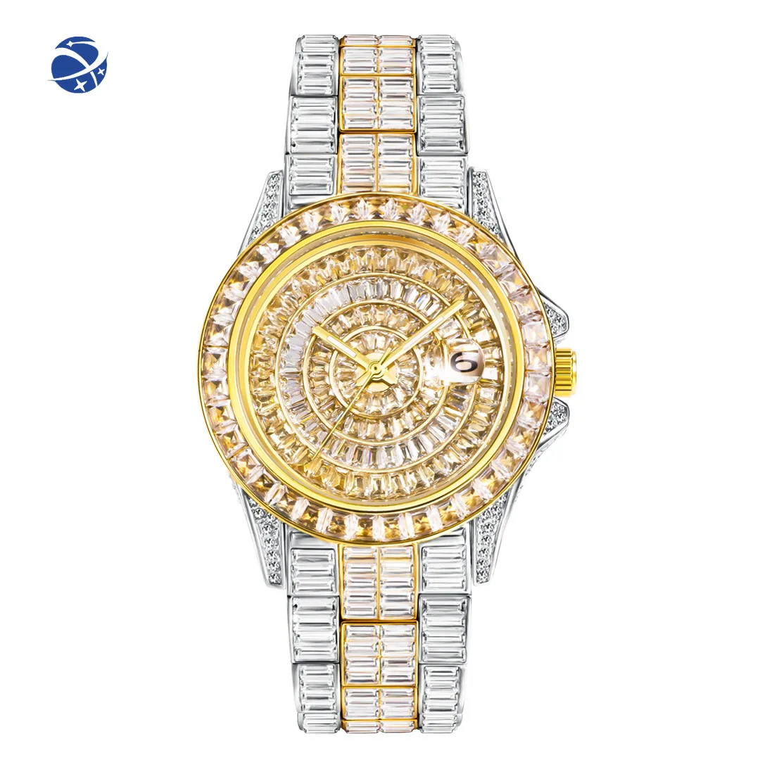

Men Watch Luxury Full Square Diamond Gold Stainless Steel Waterproof Auto Date Wristwatch Crystal Mens Watch
