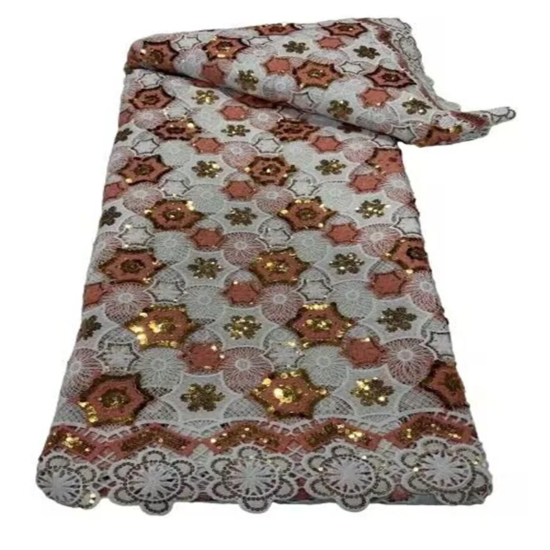 

Skin Friendly Classic African Eembroidery Guipure Cord with Sequins Fabric Nigerian Celebration lace For Party Pink/White/Gold