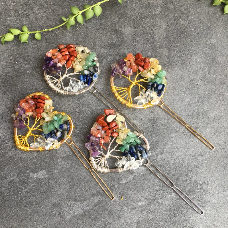 

Colorful Natural Crystal Stone Handmade Tree of Life Geometric Hairpin Hair Clip Sweet Bangs Side Clip Hairpin Hair Accessories