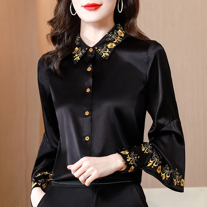 Vintage Embroidery Blouse Silk | Satin Floral Embroidery Shirt ...