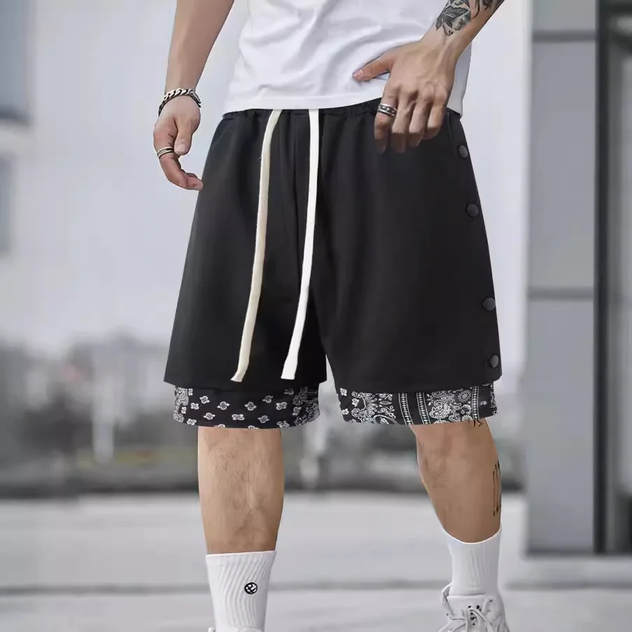 2024 Summer trendy casual men shorts with loose drawstring double breasted five point pants for men's street straight leg pants