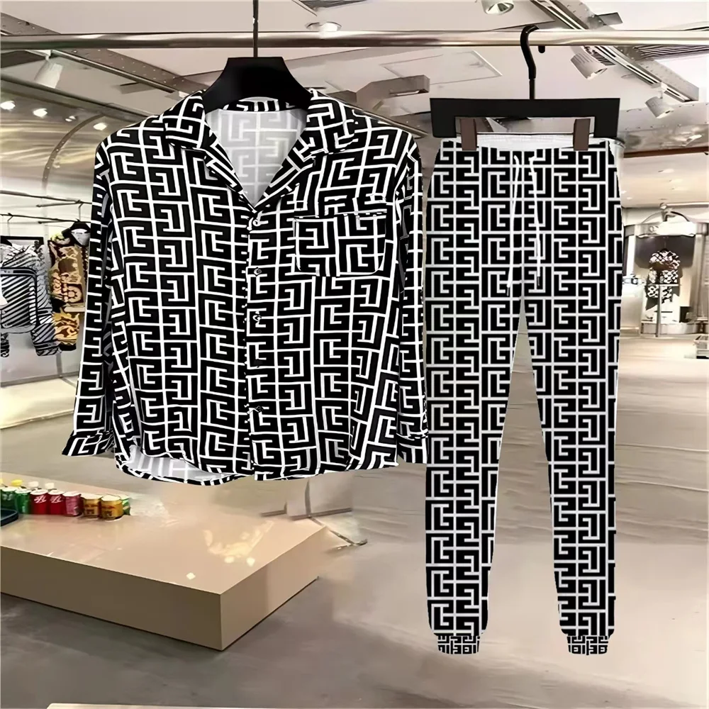 2024 new men's palace style print high love couple homestay long-sleeved suit four-sided elastic shirt and trousers