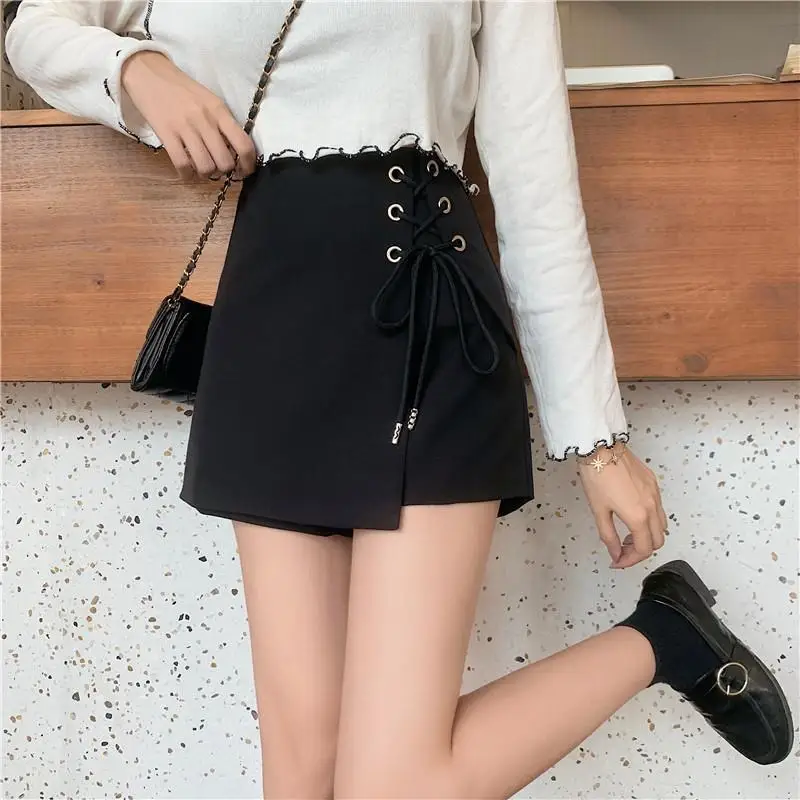 Casual Elastic Waist Lacing Wide Leg Shorts Skirts Spring Summer Solid Plus Size Irregular Shorts Fashion Trend Women Clothing