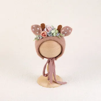 신생아 울 펠트 사슴 보닛, 소녀 아기 꽃 모자, 신생아 사진 소품, 소년 아기 순록 모자, 사진 촬영