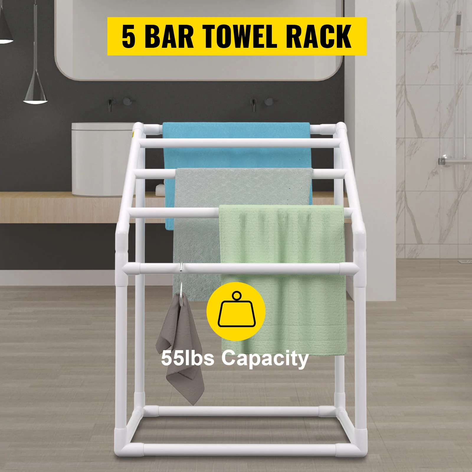VEVOR Pool Towel Rack 5/6/7 Bar Outdoor PVC Trapezoidal/Triangular/Curved Poolside Storage Organizer w/ White/Brown Freestanding