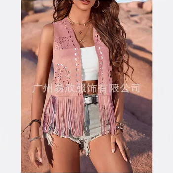 Western Fringe Vest for Women - Vintage Faux Suede Waistcoat with Tassel Trim, Boho Hippie Open Front Sleeveless Jacket 1