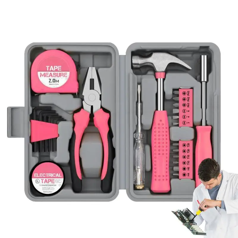 Household Tools Set Pink Tool Box Set Home Small Kit All Purpose With Storage Box For Home Garage Ladies And Women Girls