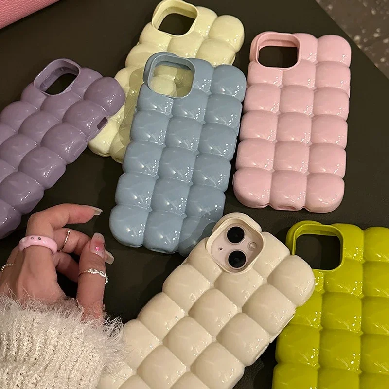Candy Color 3D Block Lattice Shockproof Phone Case - Soft Silicone Glossy Finish