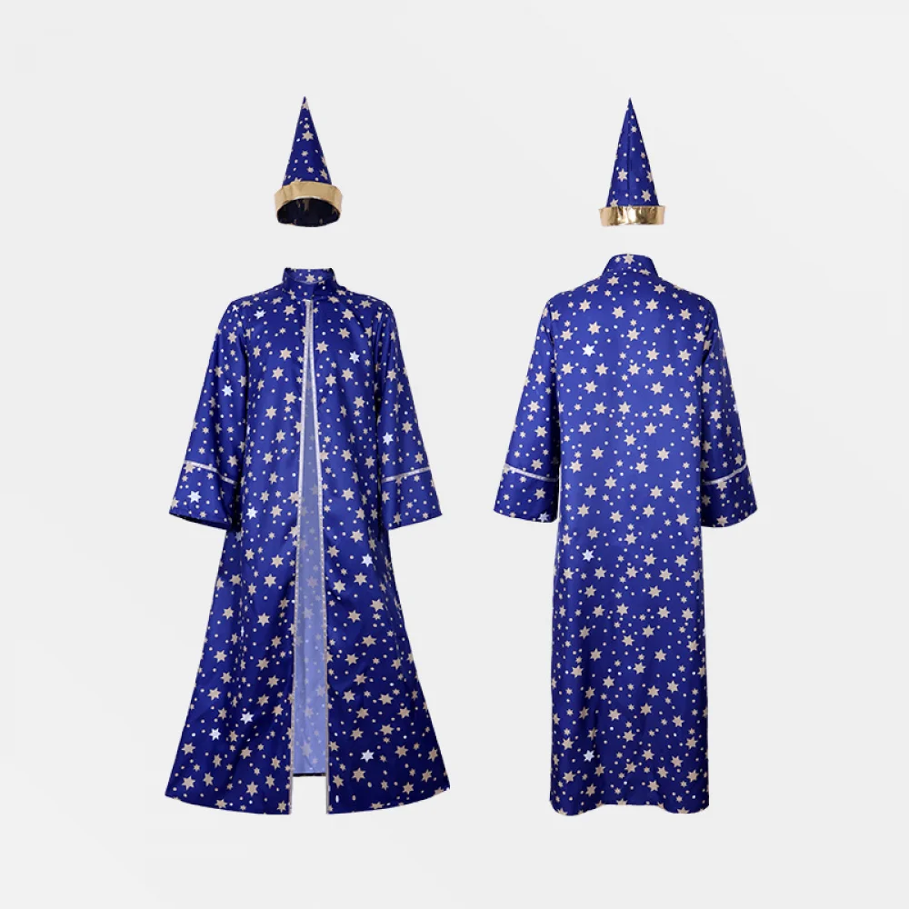 Men Magic Magician Costume with Blue Robe Cloak Hat Star Moon Magician Wizard Cosplay Costume Adult Role Playing Clothing