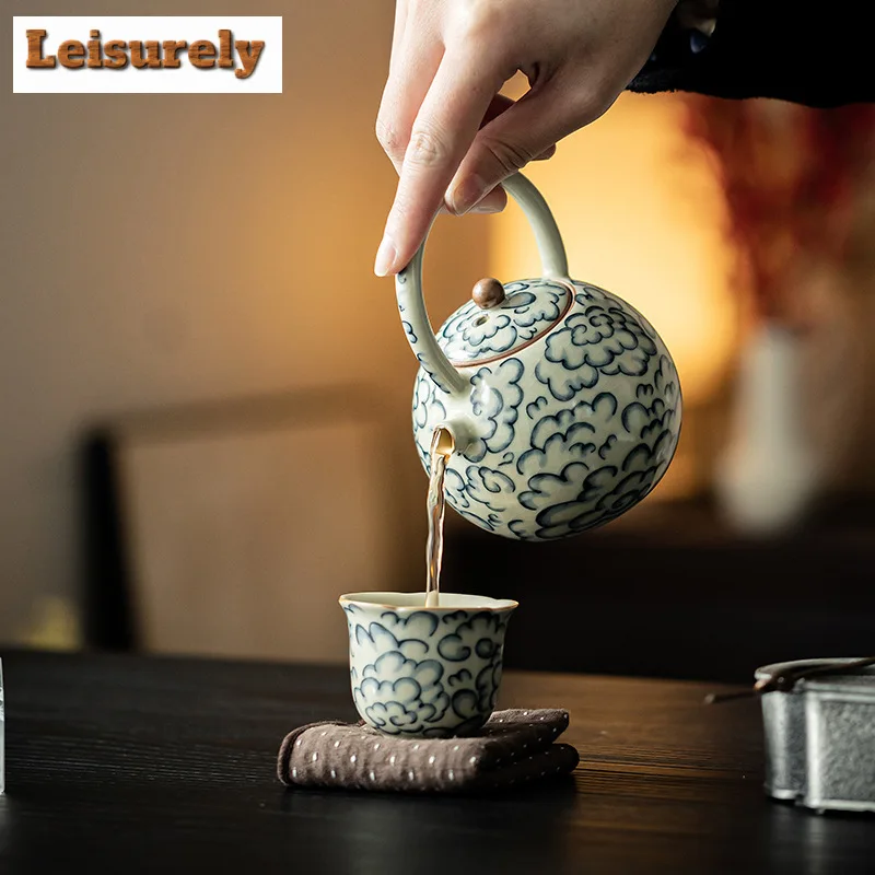 240ml Chinese Ru Porcelain Lifting Beam Teapot Boutique Auspicious Clouds Pot Tea Soaking Kettle Puer Tea Ceremony Ornaments