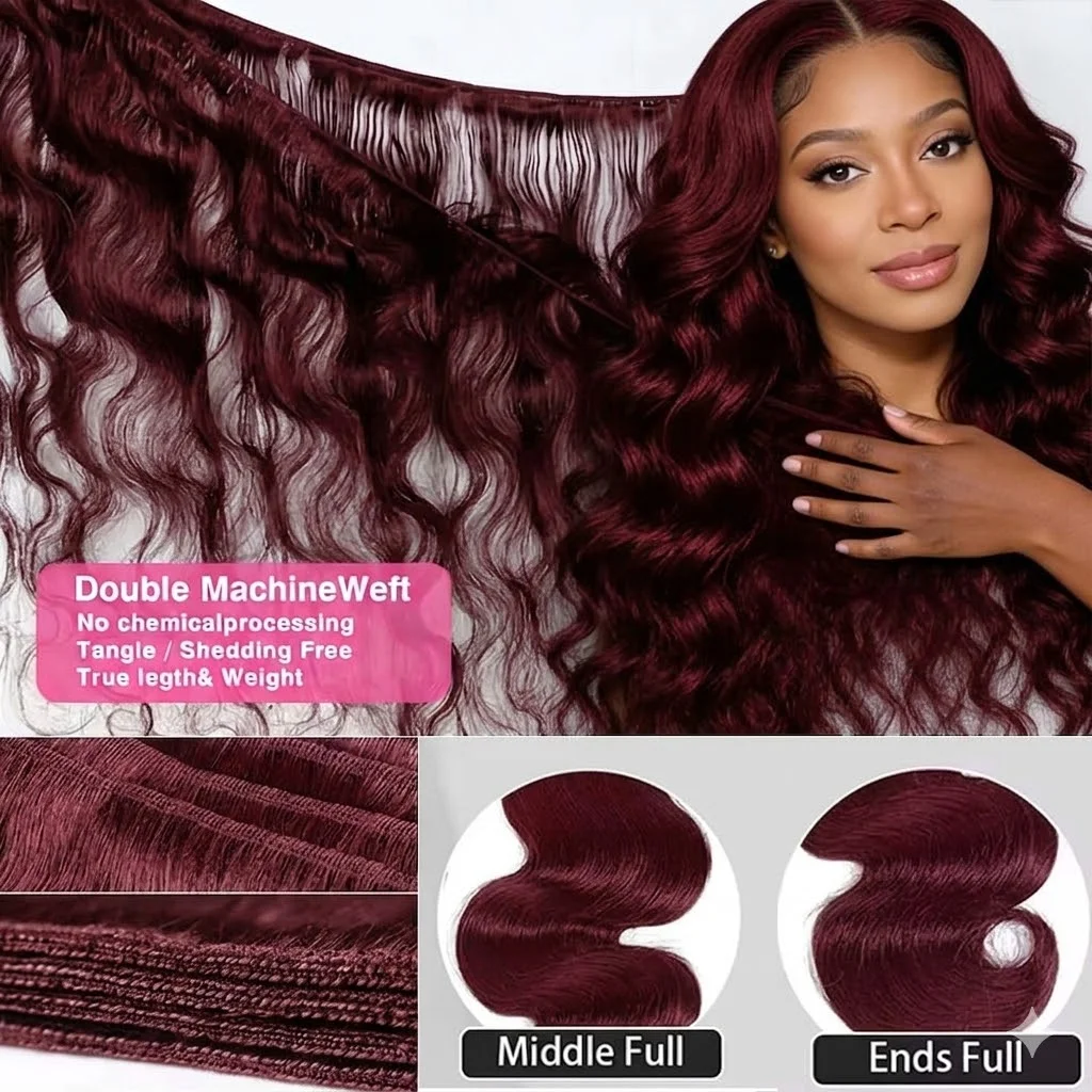 99J Burgundy Body Wave Bundles Human Hair 30Inch Brazilian Weave Bundles Remy Hair Extensions Colored Red Raw Human Hair Bundles 4