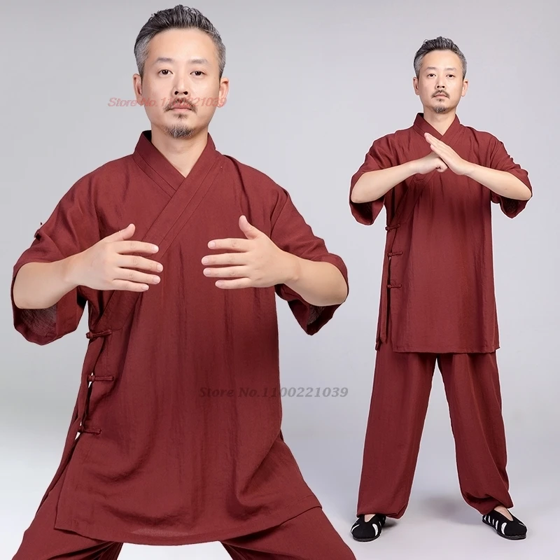 

2024 chinese vintage kung fu tai chi clothing martial arts cotton linen practice wushu training exercise meditation buddhist set