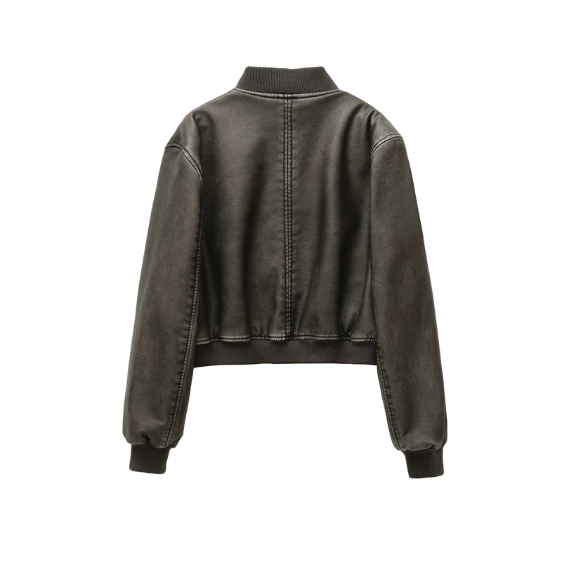 ZVRI Women's 2023 new vintage imitation leather bomber jacket coat top women's style 5