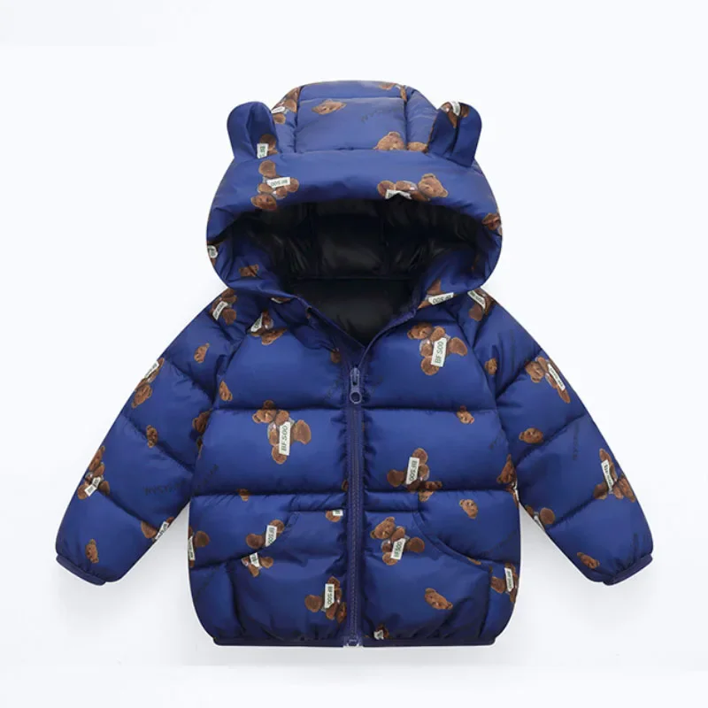 

Boys and girls Sweet cartoon print hooded winter warm jacket 1-7 year old Beibei casual coat thicken fashion children's clothing
