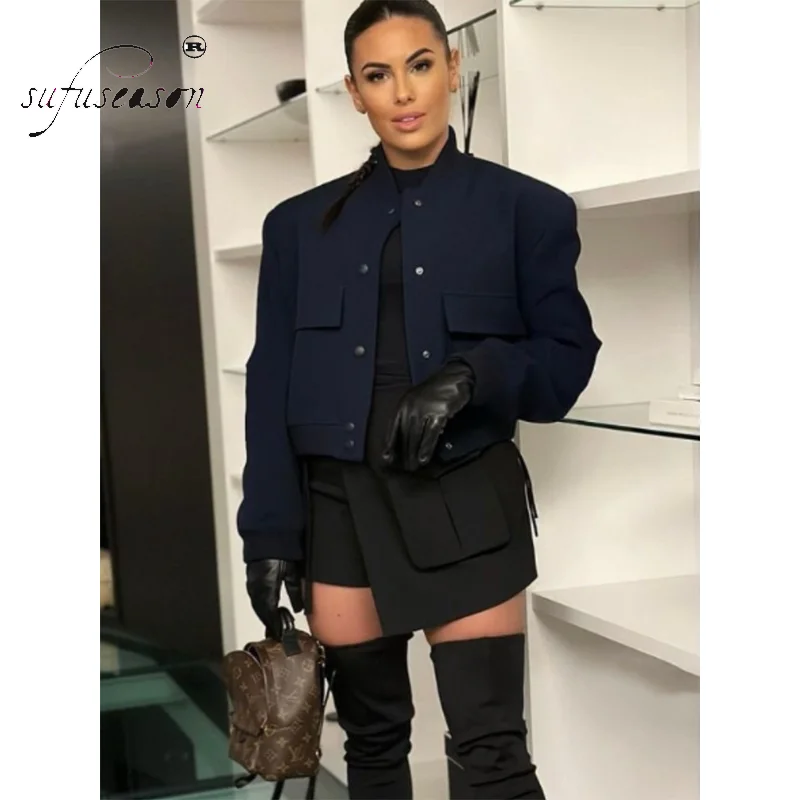 

Short Dark Blue Jacket Women Long Sleeves Big Pockets Chic Lady High Streetwear Casual Coats Top Female 2023 New In Fashion Spri