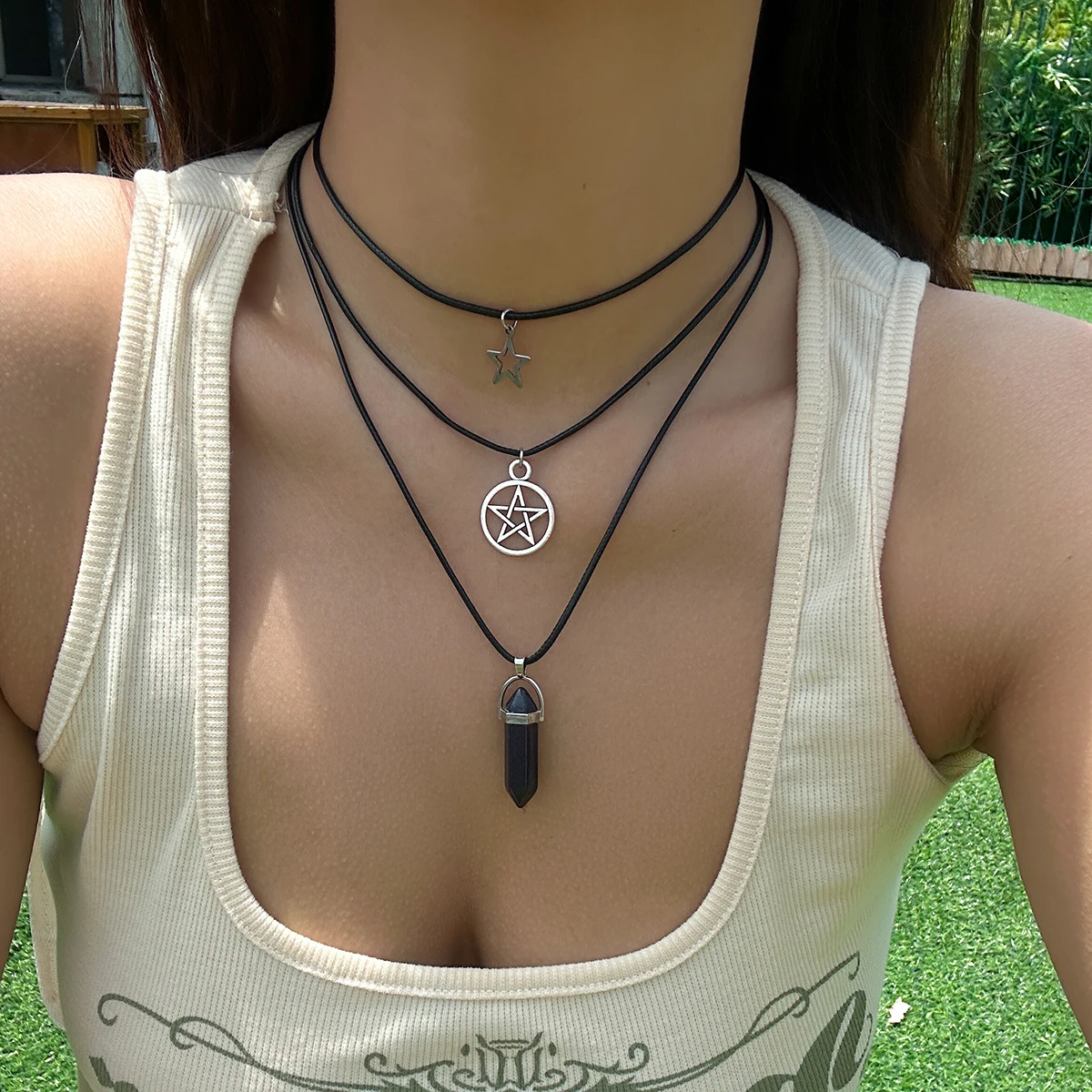 3Pcs/Set Goth Boho Pentagonal Star Crystal Leather Wax Thread Chain Necklace for Women Multilayer Choker Halloween Jewelry Gifts
