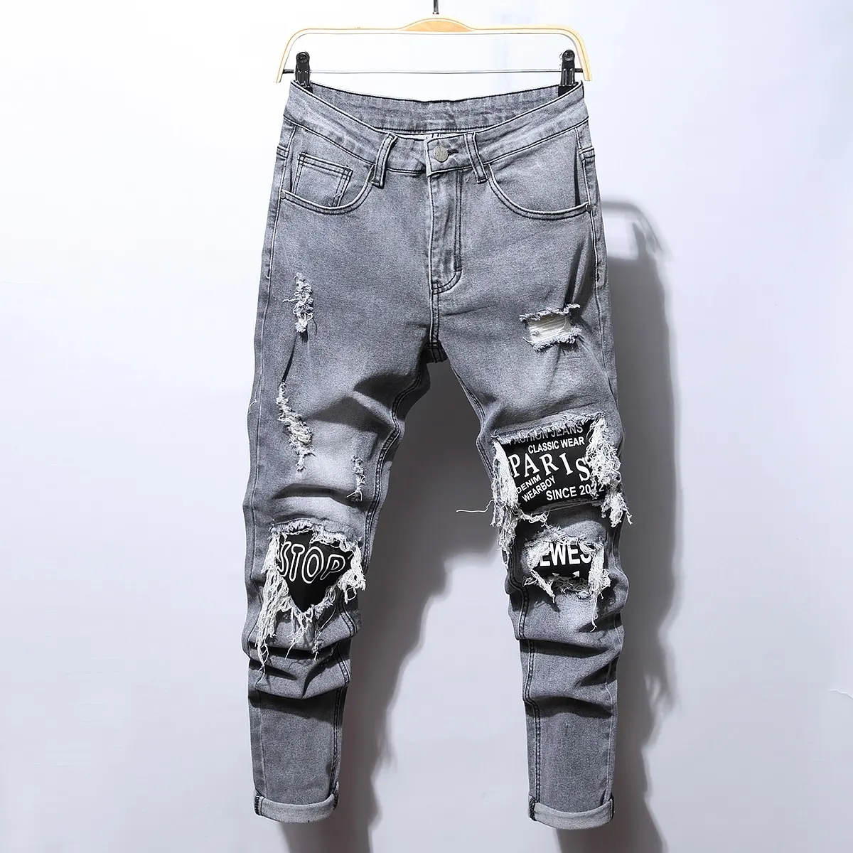 

Men Embroidery Jeans Men Cotton Stretchy Ripped Skinny Jeans High Quality Hip Hop Black Hole Slim Fit Oversize Denim Pants