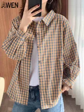 

Awen Plaid Shirts Womens Korean Chic Checked Cardigan Blouses and Tops 2022 New Cotton Casual Long Sleeve Loose Lady Outwear