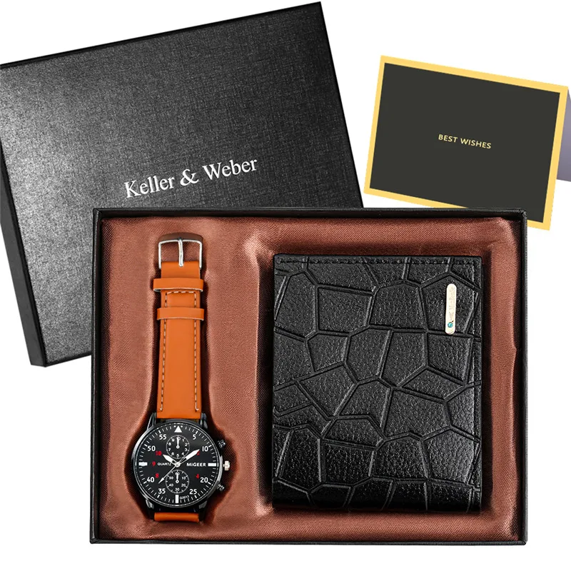 

Modern Men's Business Wrist Watch Quartz Movement Luminous Hands Display with Black Leather Short Wallet Best Present To Male