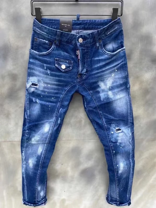 loose jeans Dsquared2 2022 new men's ripped fashion slim-fit point paint stretch jeans T124# jeans men