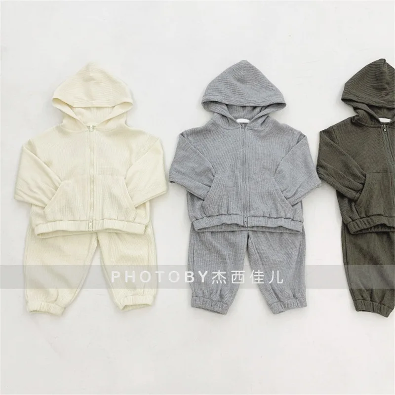 

Children Clothing Boys and Girls Korean Style Spring and Autumn New Green Hooded Coat Pants Casual Simple Two Piece Set