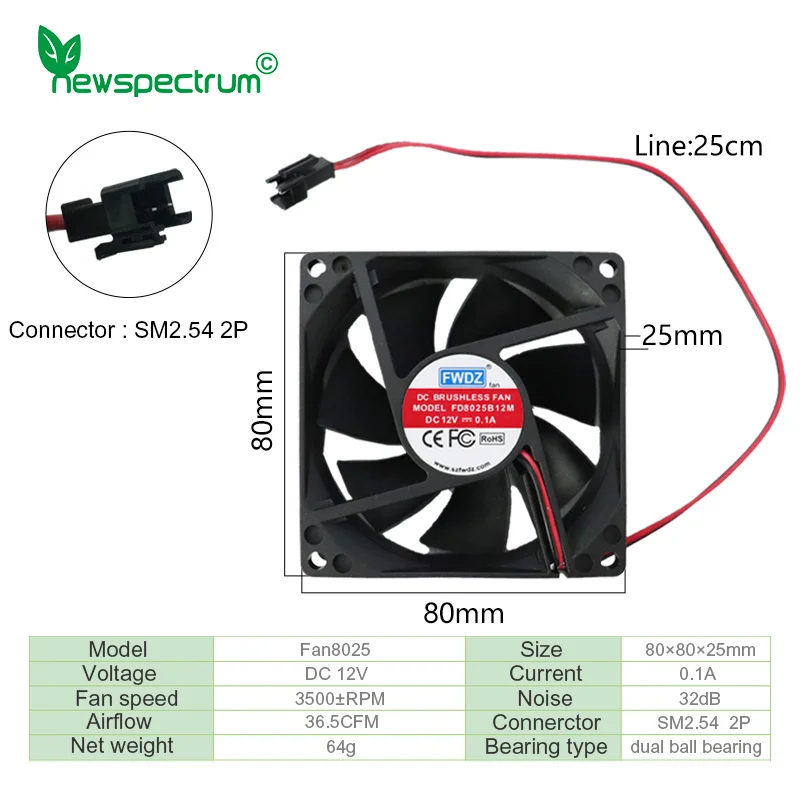 DC 12V Fan 80X80X25mm Connerctor SM2.54 2Pin Dual Ball Bearing Brushless Cooler 8025 for Computer LED Chip Cooling Fan