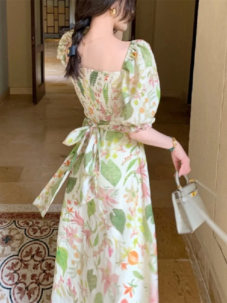 22 Summer Party Floral Midi Dress Women Short Sleeve Elegant One Piece Dress Korean Design French Vintage Beach Dress Female Aliexpress