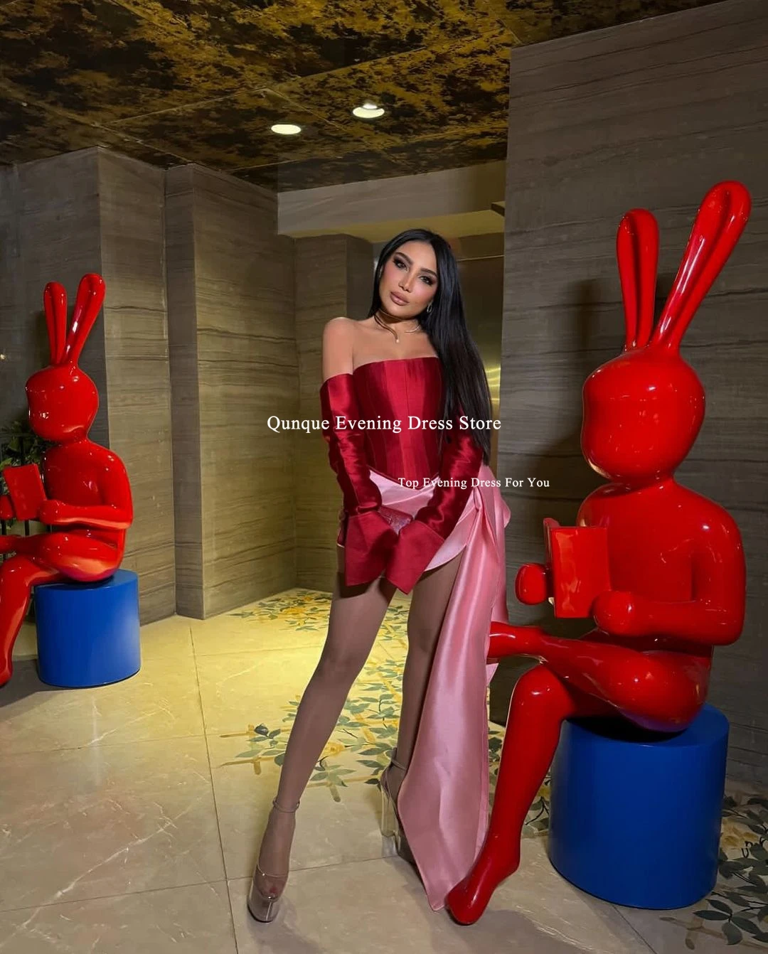 Women Prom Dresses Qunque Strapless Mini Prom Dresses Satin Party Gowns Customized