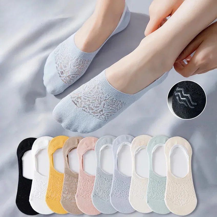 Fashion Non-slip Silicone Lace Ankle Socks Women Invisible Hollow Out Cotton Summer Boat Socks Breathable Short Low Cut Socks