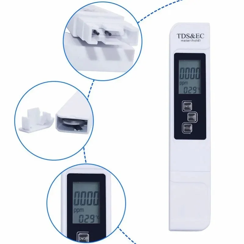 3 IN 1 White Handheld LED Digital Water Tester TDS EC Meter Range Household Water Purity Temperature Meter TEMP PPM Tester