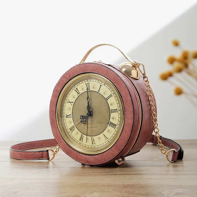 

Retro Simulation Clock Bag Creative Handmade Crossbody Bag Leather Chain Shoulder Bag Circular Lady Handbag Real Alarm Clock