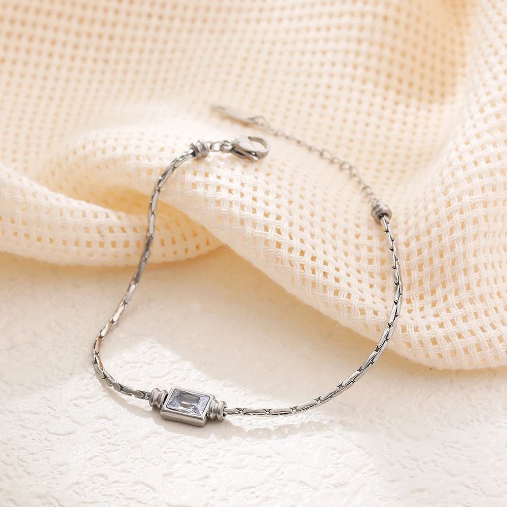 Punk Fine Snake Chain Square Crystal Zircon Bracelet Adjustable Waterproof Stainless Steel Women Bangle Gold Plated Jewelry New