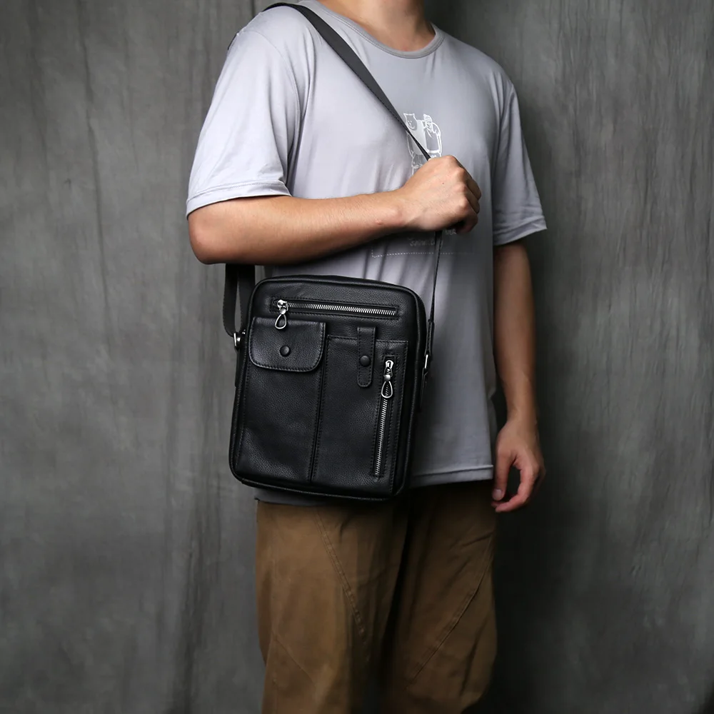 NZPJ Genuine Leather Men's Crossbody Bag Casual Top Layer Cowhide Single Shoulder Trendy Men's Bag For 10 Inch IPad