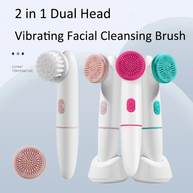 Electric Silicone Face Cleansing Brush Waterproof 2 in 1 Double Head, Sonic Vibration Facial Pore Cleaner Skincare Beauty Tool 6