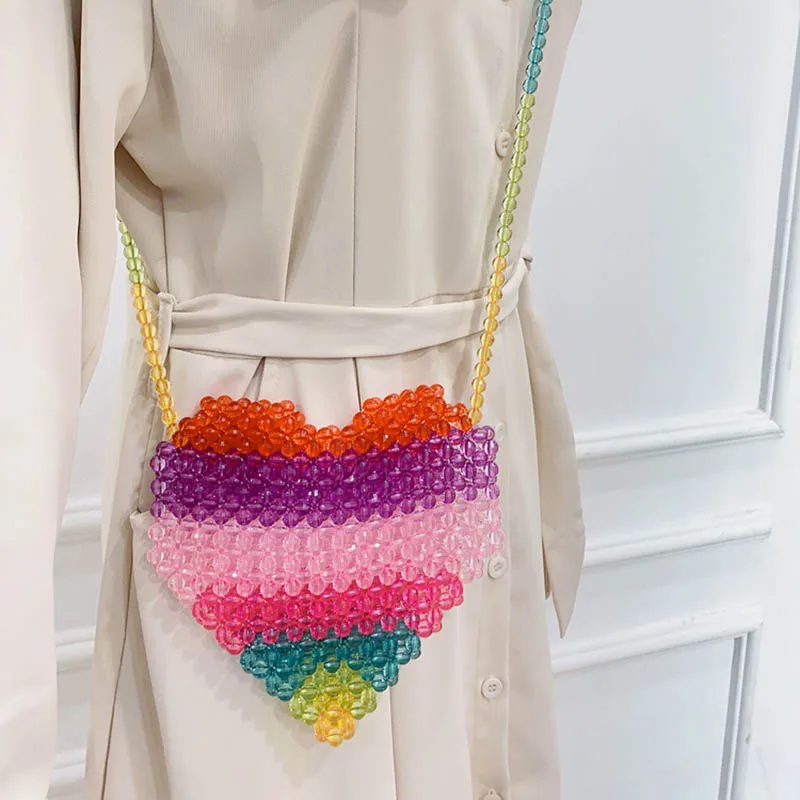 

New Design Cute Colorful Candy Color Heart Beade Crossbody Bag 2023 Acrylic Handmade Chain Bags