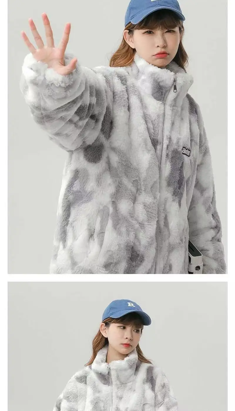 Tie dye Lamb wool Coat 2025 New Winter Trendy Student Cotton Jacket Thicken Loose Stand collar Coats Female Warm Parka Overcoat