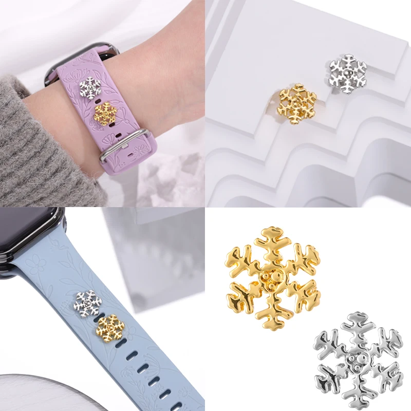 

Gold Silver Color Snowflake Charms for Iwatch Silicone Strap Flower Cute Jewelry Charms Decorative Charm for Apple Watchband