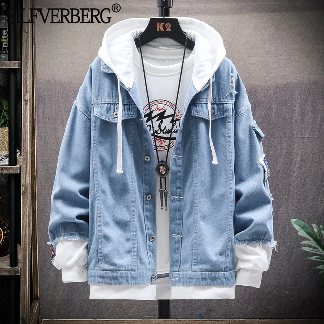 Men Hooded Denim Jacket Casual Hoodies Coat Casual Streetwear Outwear Plus  Size