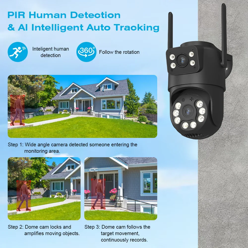 4K HD Dual Lens WIFI Camera 2K Dual Screen PTZ Camera Outdoor Auto Tracking Security Camera IP66 Waterproof Surveillance ICSEE 5